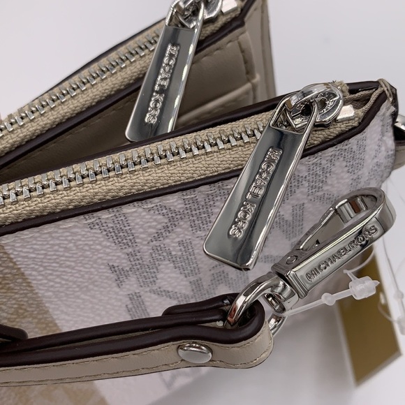 MICHAEL KORS LARGE DOUBLE ZIP WRISTLET WALLET LIGHT SAND/ WHITE MULTI CO… - Picture 14 of 15